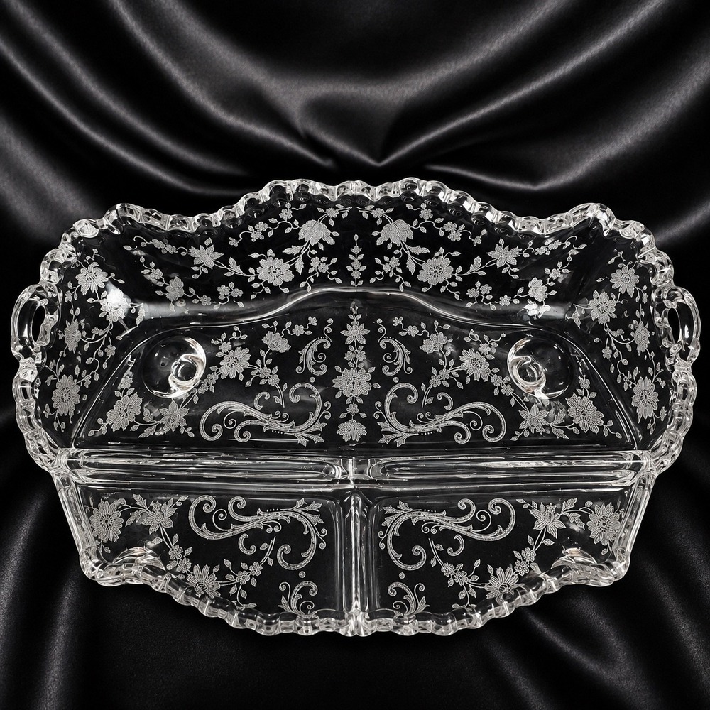 Cambridge Diane Etched Crystal 3 Part Relish Dish 4 Footed 12.5" Tray 3900/126